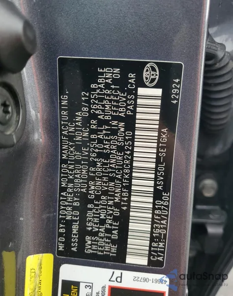 2012 Toyota Camry Base из США, поврежденный, VIN 4T4BF1FK8CR242510